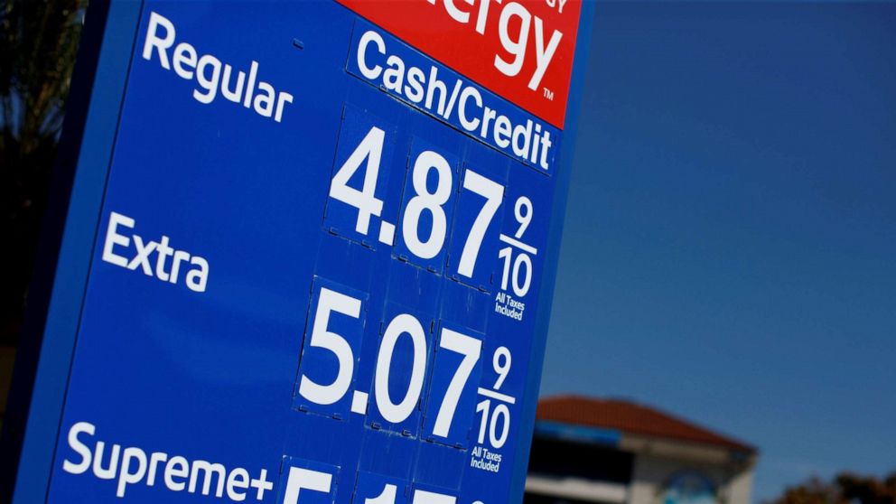 PHOTO: Gas prices grow along with inflation as this sign at a gas station shows in San Diego, Nov. 9, 2021.  