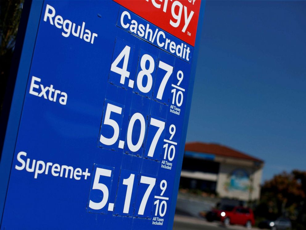 PHOTO: Gas prices grow along with inflation as this sign at a gas station shows in San Diego, Nov. 9, 2021.  