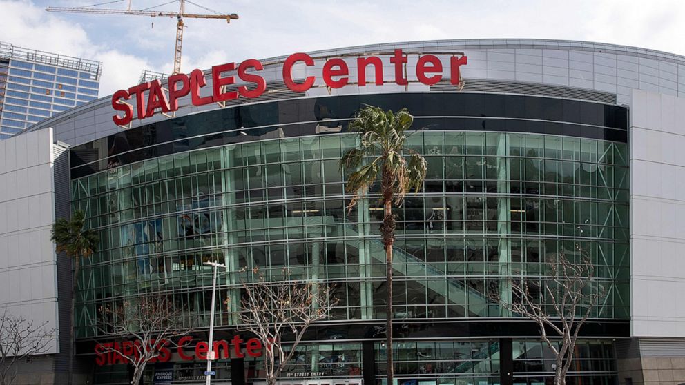 PHOTO: In this file photo taken on March 14, 2021 police cars are parked in front of the Staples Center where the 63rd Annual Grammy Awards are taking place in Los Angeles.