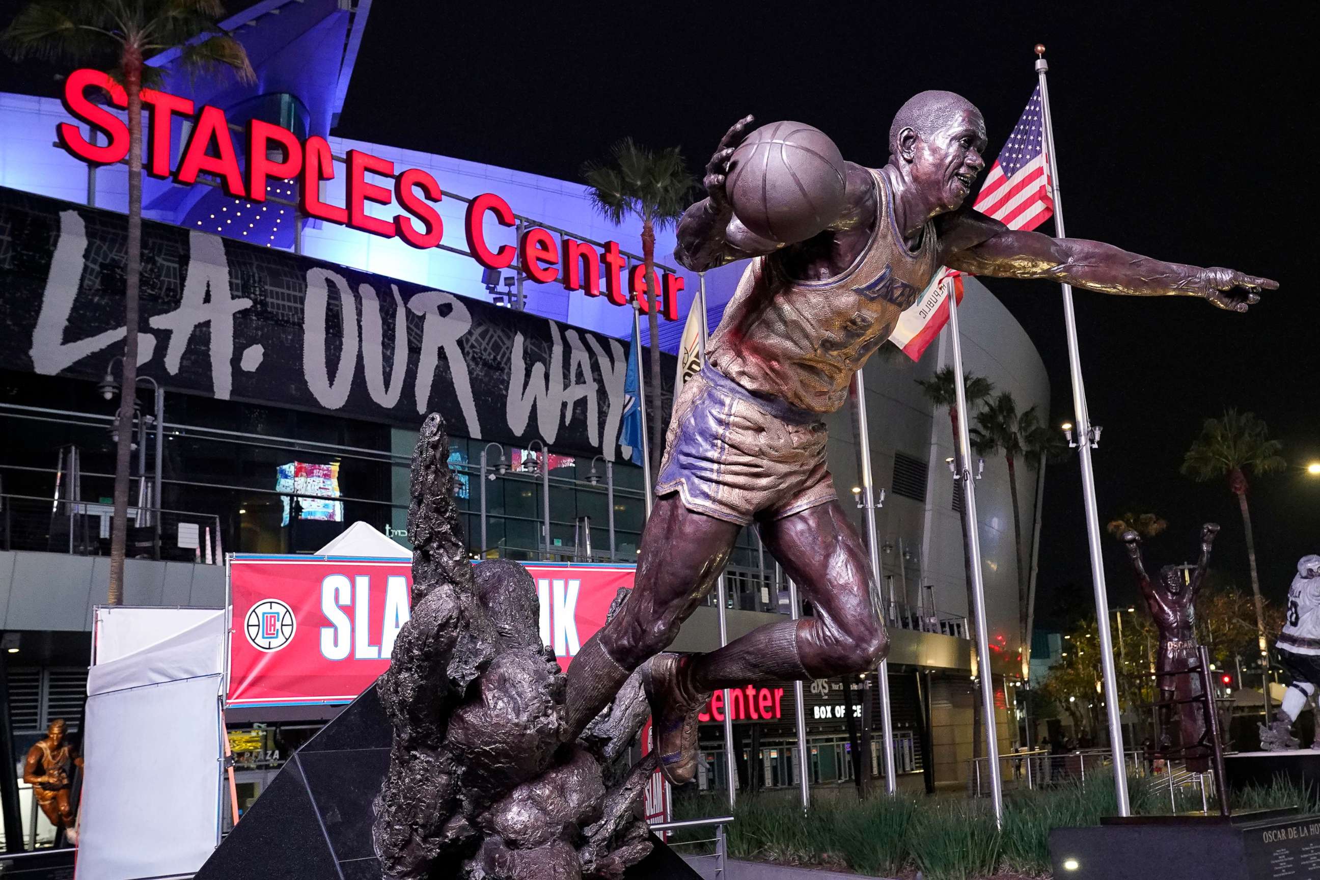 PHOTO: The statue of former Los Angeles Lakers Magic Johnson is seen in front of Staples Center, Nov. 16, 2021, in Los Angeles.