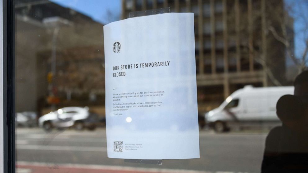 PHOTO: A view of a note posted outside Starbucks in Kips Bay as the coronavirus continues to spread across the United States, March 27, 2020, in New York.