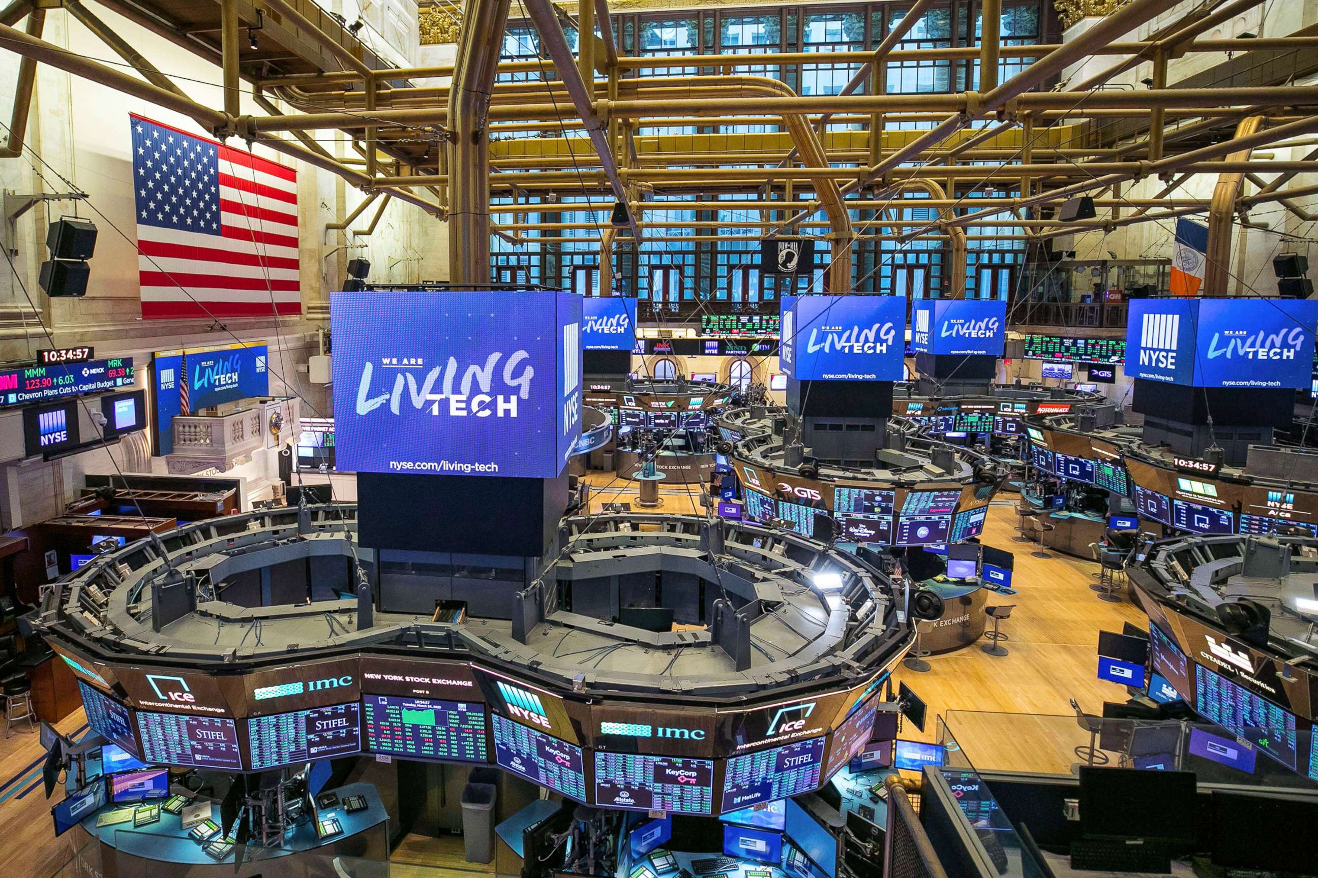 PHOTO: The unoccupied NYSE trading floor, closed temporarily for the first time in 228 years as a result of coronavirus concerns, March 24, 2020.