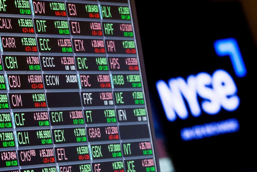 PHOTO: A screen displays trading information for stocks on the floor of the New York Stock Exchange in New York, June 27, 2022.