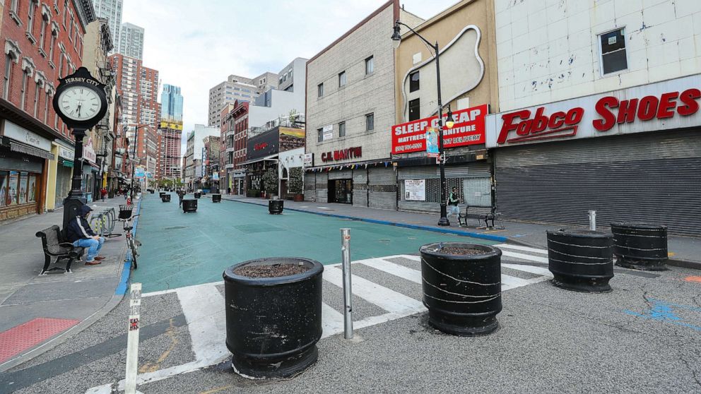 PHOTO: Streets are empty and businesses have been shuttered in Jersey City, April 27, 2020, in Jersey City, New Jersey.