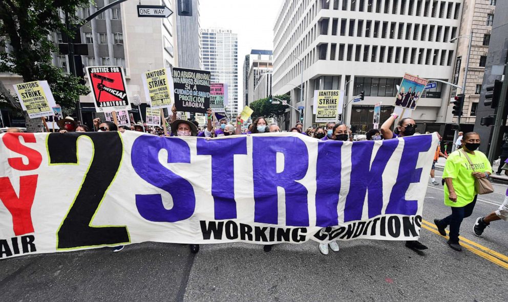 PHOTO: More than 1,000 janitors with the Service Employees International Union march as their contracts expire ahead of a potential strike in Los Angeles, Sept. 1, 2021.