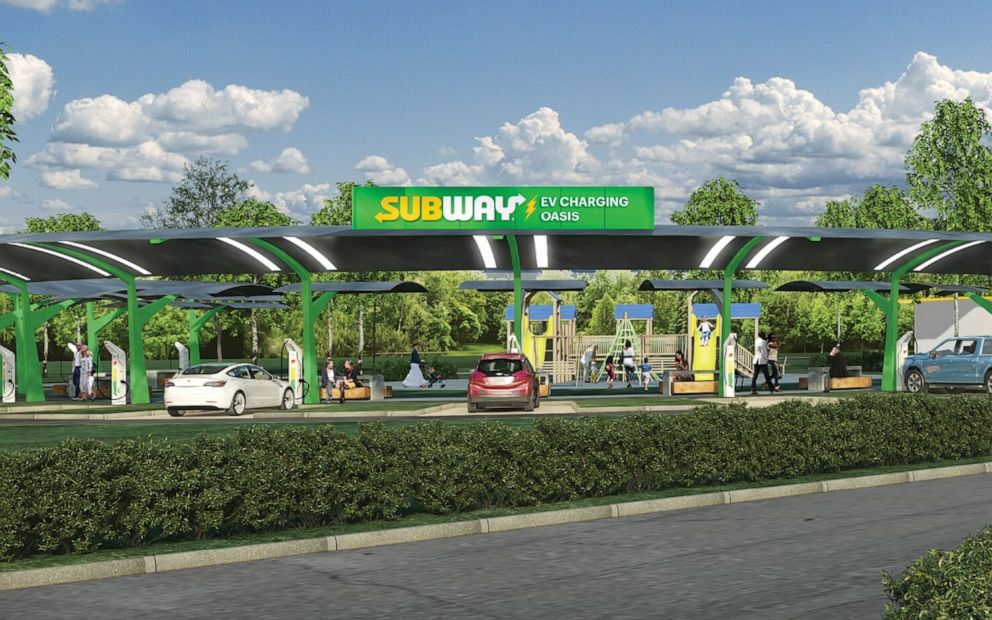 PHOTO: Subway said it will install "Subway Oasis" charging parks at select locations-charging canopies with multiple ports, picnic tables, Wi-Fi, restrooms, green space and even playgrounds.