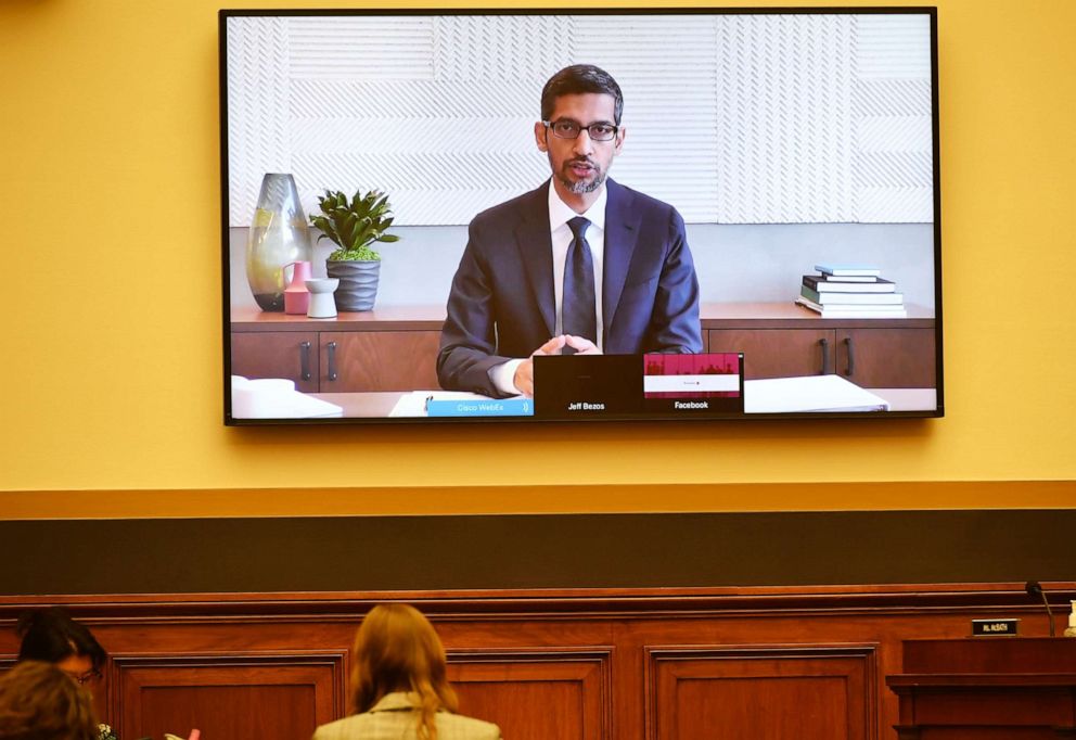 PHOTO: Sundar Pichai, chief executive officer of Alphabet Inc., speaks via videoconference during a House Judiciary Subcommittee hearing in Washington, D.C., on July 29, 2020.