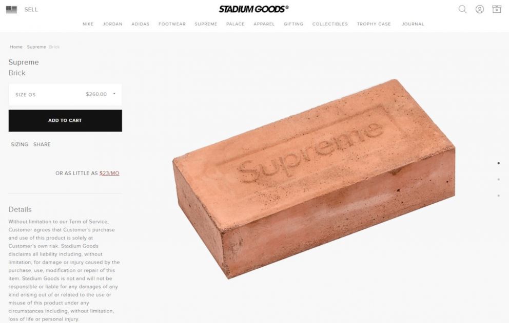 PHOTO: The online site Stadium Goods is selling a Supreme Brick for $260. 