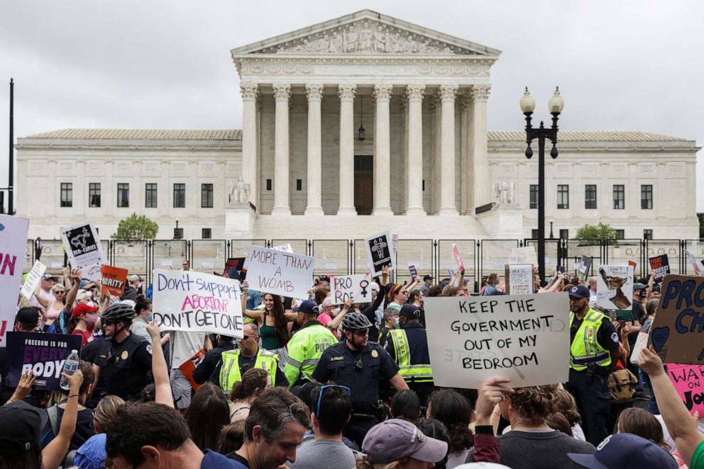 PHOTO: Abortion rights activists participate in a Bans Off Our Bodies rally at the U.S. Supreme Court on May 14, 2022, in Washington, D.C.