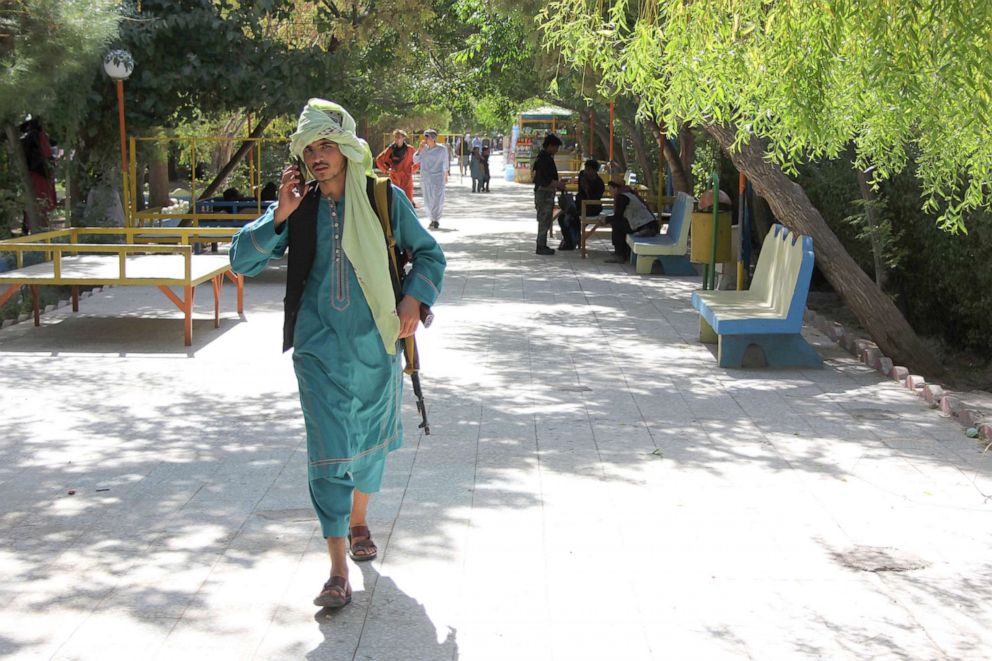 PHOTO: A Taliban militant is seen talking on the phone in Herat province, Afghanistan, Aug. 13, 2021.