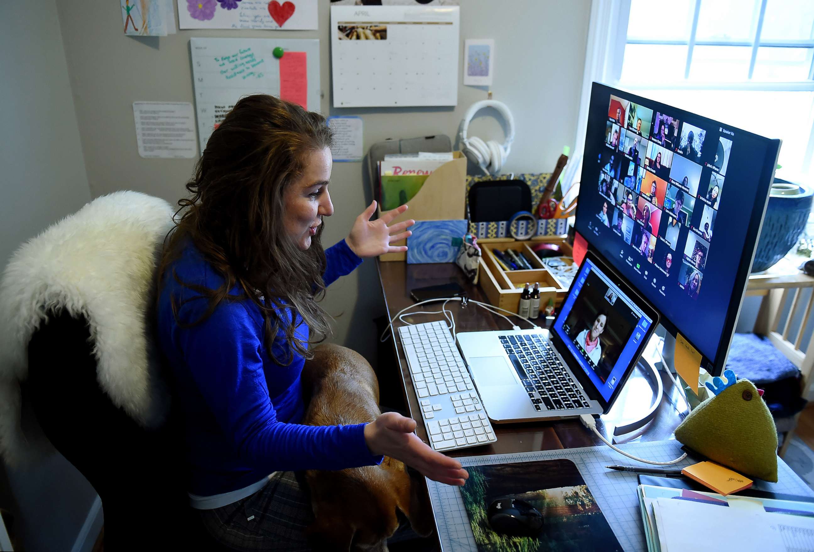 PHOTO: In this April 1, 2020, file photo, a substitute teacher for the Washington Waldorf School in Bethesda, Md., talks to another teacher from her home due to the COVID-19 outbreak in Arlington, Va.