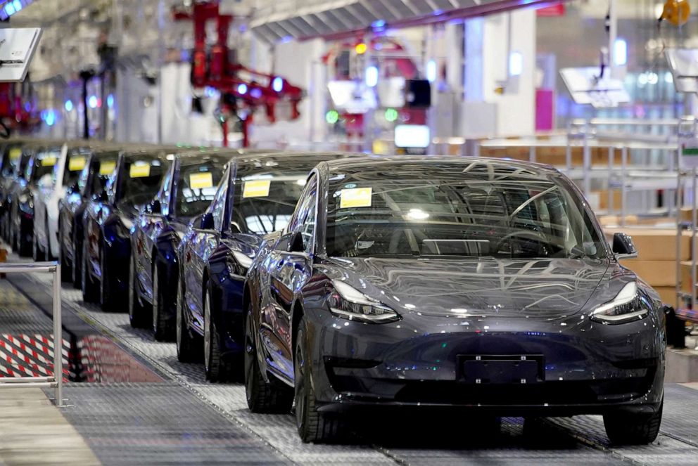 PHOTO: In this Jan. 7, 2020, file photo, China-made Tesla Model 3 vehicles are seen during a delivery event at its factory in Shanghai, China.
