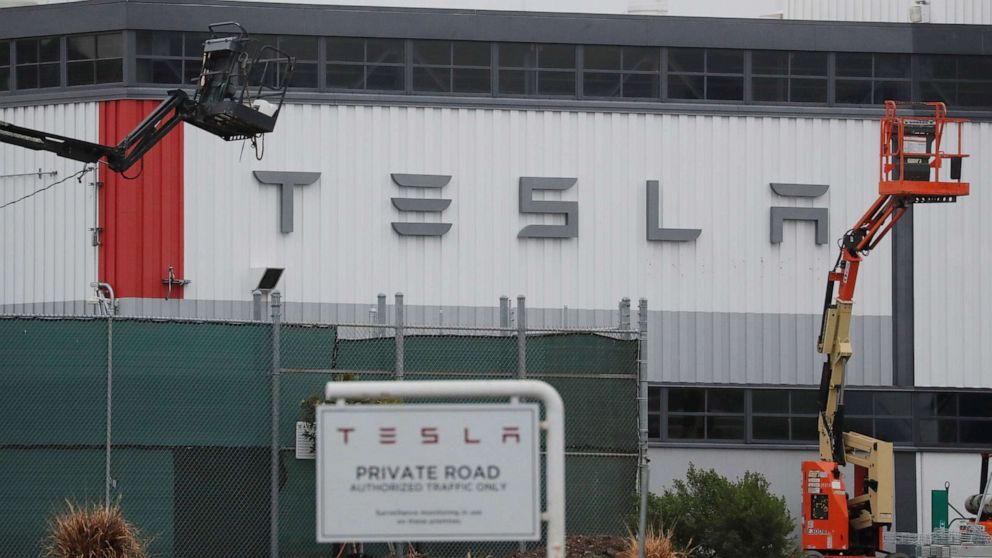 PHOTO: Tesla's vehicle factory is pictured in Fremont, Calif., March 18, 2020.
