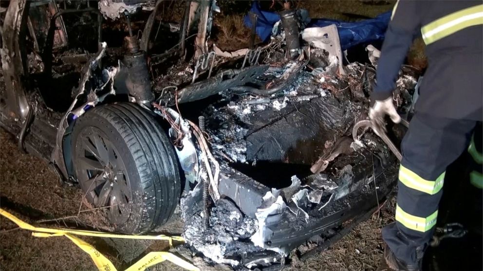 PHOTO: The remains of a Tesla vehicle are seen after it crashed in The Woodlands, Texas, April 17, 2021, in this still image from video obtained via social media.