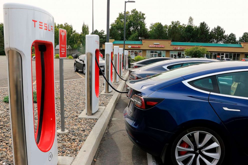 PHOTO: A Tesla electric car charging station is seen in a Fred Myer parking lot in Kennewick, Washington.