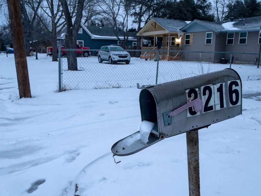 PHOTO: A mailbox is seen frozen in a snow covered neighborhood in Waco, Texas as severe winter weather conditions over the last few days has forced road closures and power outages over the state, Feb. 17, 2021.