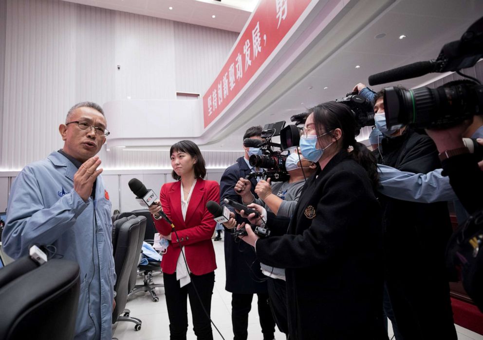 PHOTO: Zhang Rongqiao, chief designer of China's first Mars exploration mission, speaks in an interview at the Beijing Aerospace Control Center in Beijing, Feb. 10, 2021.