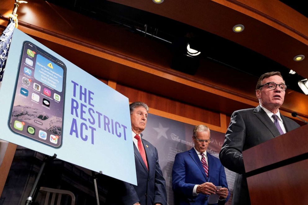 PHOTO: Sen. Mark Warner speaks during a press conference to unveil legislation that would allow the Biden administration to "ban or prohibit" foreign technology products such as the Chinese-owned video app TikTok during a news conference, March 7, 2023.
