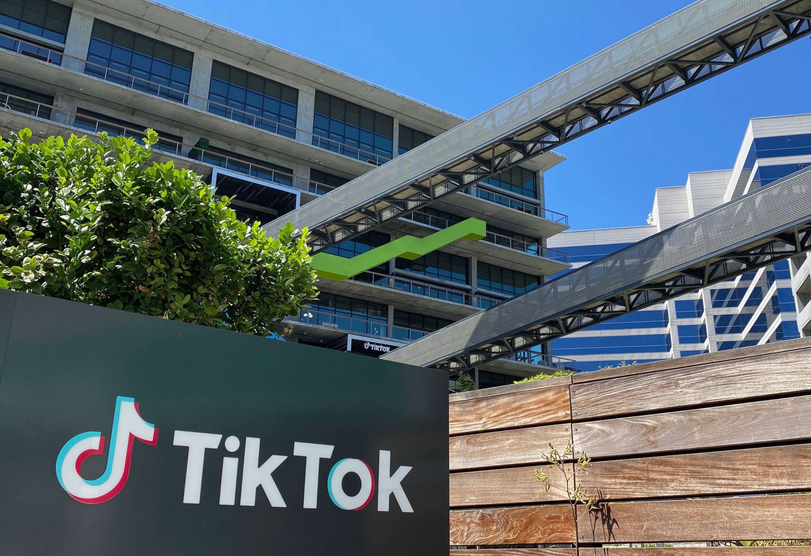 PHOTO: The logo of Chinese video app TikTok is seen on the side of the company's new office space at the C3 campus in Culver City, Calif., Aug. 11, 2020.