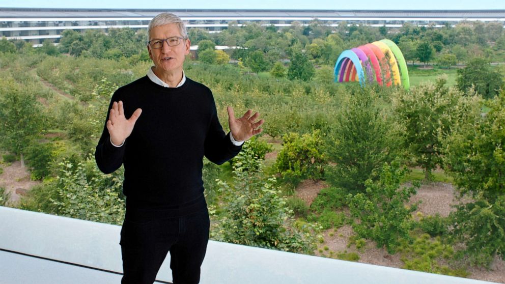 PHOTO: Apple CEO Tim Cook speaks during a special event at the company's headquarters in a still image from video taken in Cupertino, Calif., Sept. 15, 2020.