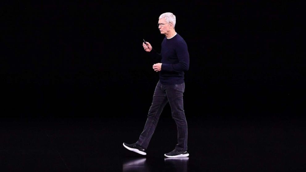 PHOTO:Apple CEO Tim Cook speaks on-stage during a product launch event at Apple's headquarters in Cupertino, Calif., Sept. 10, 2019.