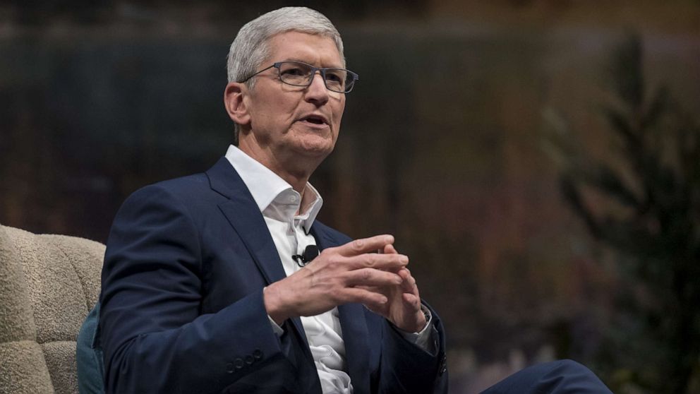 PHOTO: Tim Cook, chief executive officer of Apple Inc., speaks during a keynote at the 2019 DreamForce conference in San Francisco, Nov. 19, 2019.
