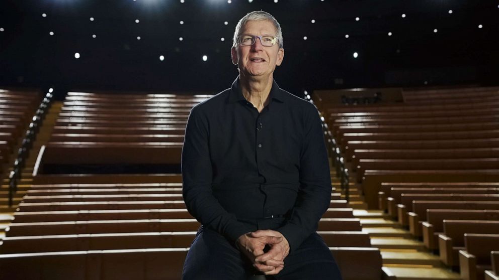PHOTO: In this handout provided by Apple, CEO Tim Cook delivers the keynote address during the 2020 Apple Worldwide Developers Conference at an empty Steve Jobs Theater June 22, 2020, in Cupertino, Calif.
