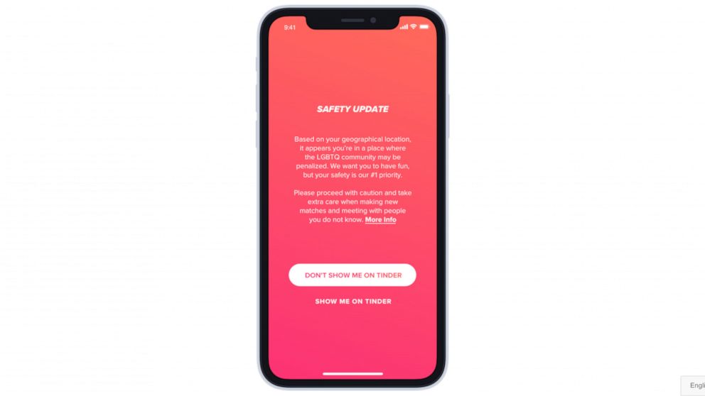 PHOTO: Tinder is launching a new feature this week warning LQBTQ travelers when they are in a country where LGBTQ relationships are punishable by law and let them automatically hide their profiles.
