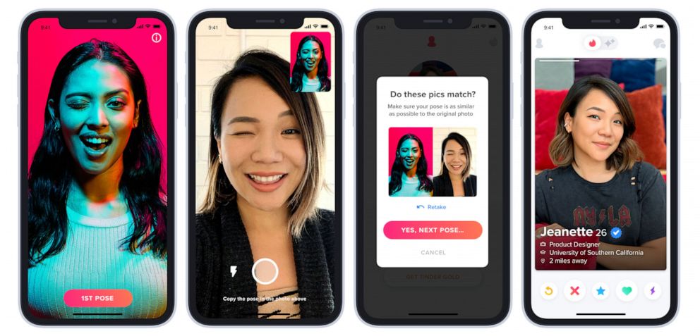 PHOTO: Photo Verification is rolling out on Tinder, a feature that allows members to self-authenticate through a series of real-time posed selfies, according to Tinder.
