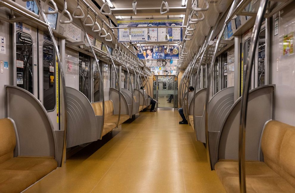 PHOTO: A near-empty underground train car travels through Tokyo, July 8, 2021, after a fouth state of emergency was announced for Tokyo due to an increase in coronavirus cases.