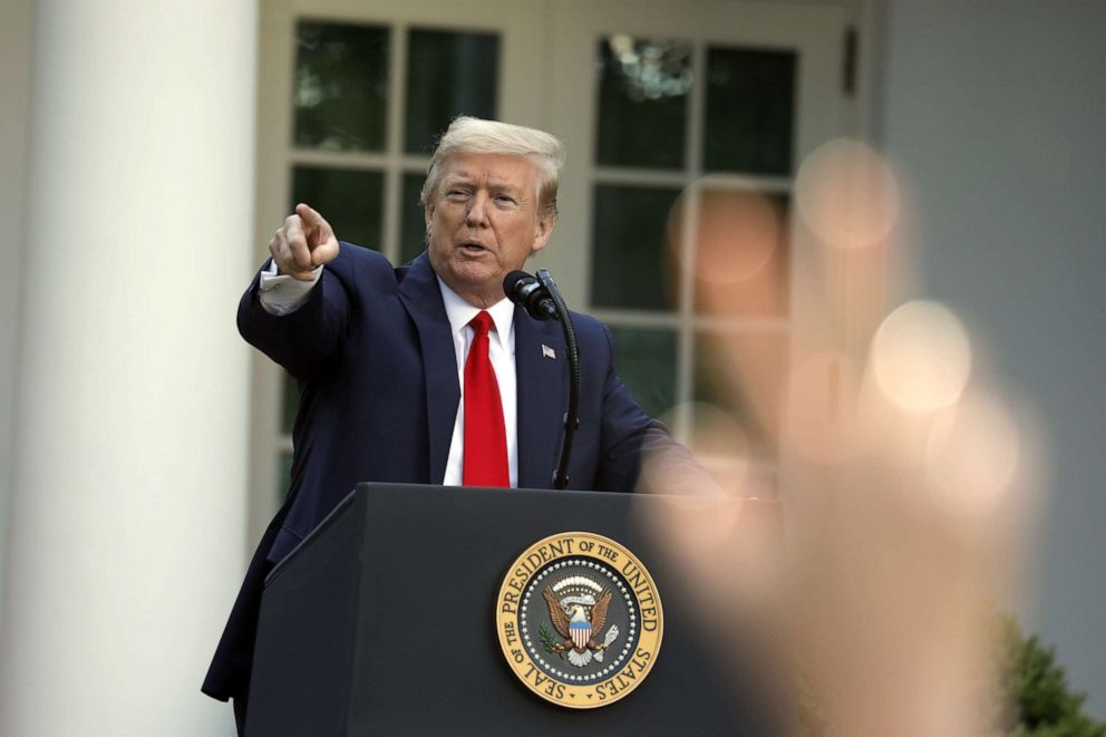 PHOTO: Donald Trump speaks during a news conference in the Rose Garden of the White House in Washington on April 27, 2020.