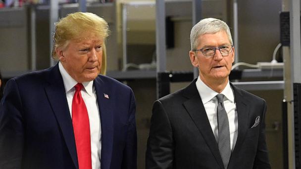 President Donald Trump and Apple CEO Tim Cook tour the Flextronics computer manufacturing facility where Apple's Mac Pros are assembled in Austin, Texas, on November 20, 2019.
