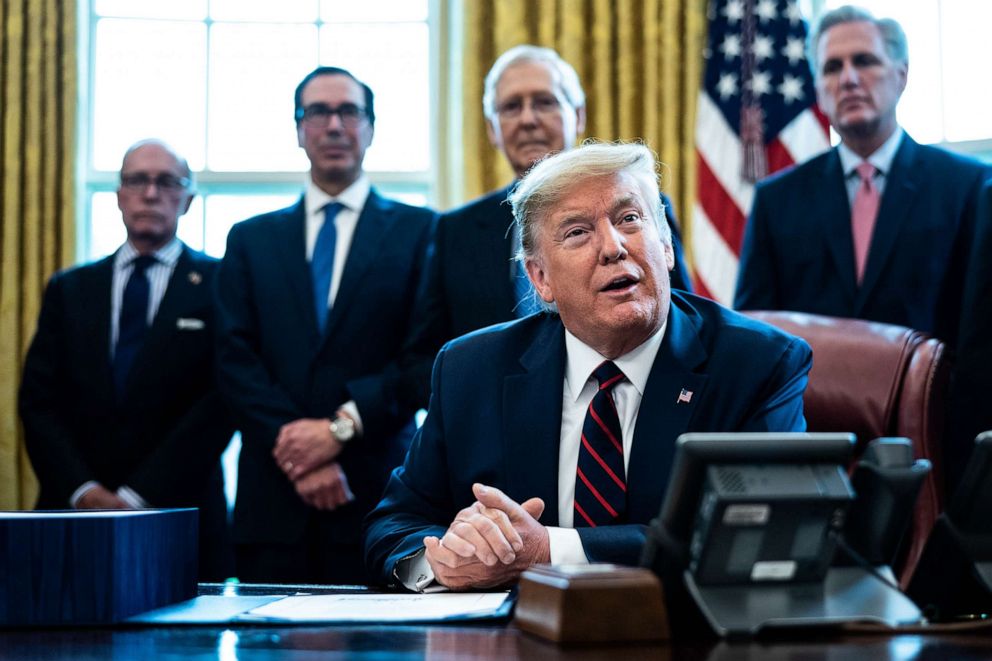 PHOTO: FILE - President Donald Trump speaks during a bill signing ceremony for H.R. 748, the CARES Act in the Oval Office of the White House, March 27, 2020 in Washington, DC.