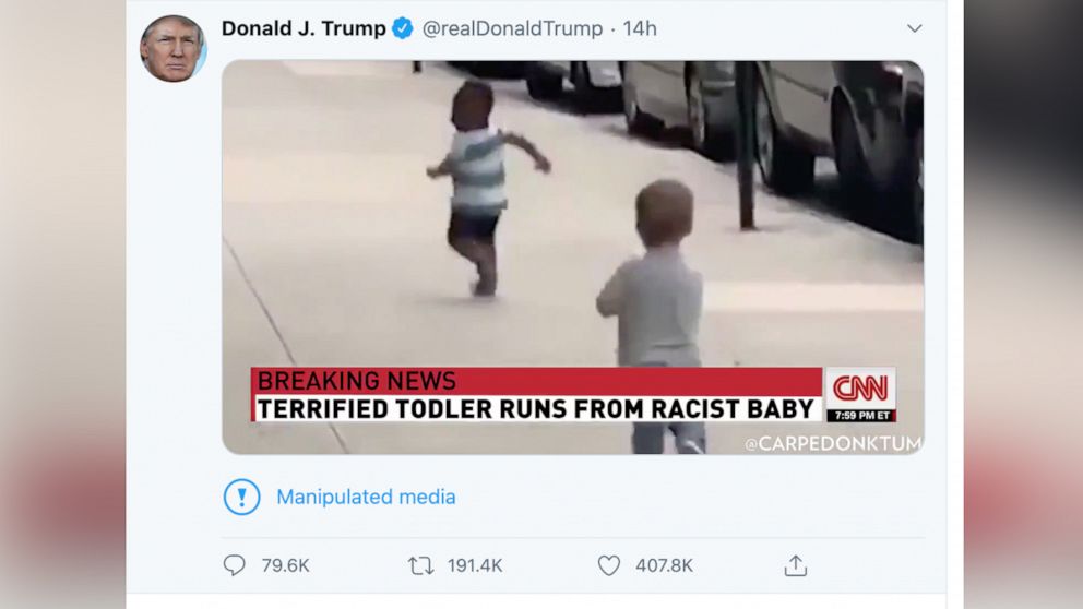 PHOTO: Donald Trump tweeted a video that was flagged by Twitter as manipulated media.