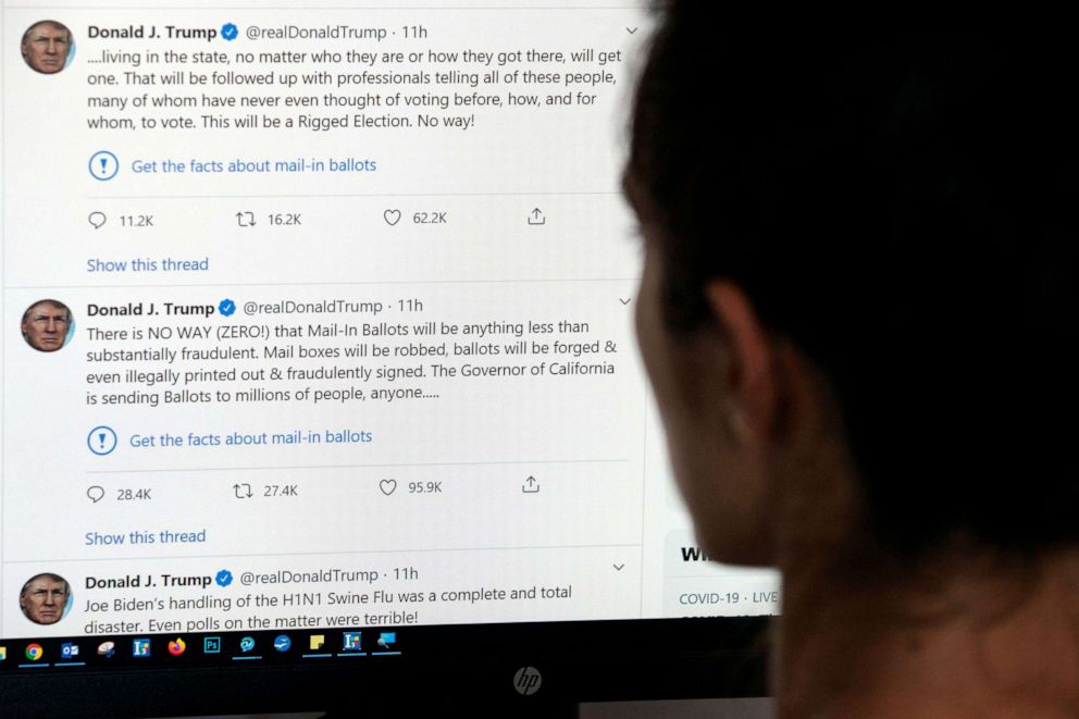 PHOTO: The Twitter account of President Donald Trump is diplayed with a link reading "Get the facts about mail-in ballots" in Los Angeles, May 26, 2020.