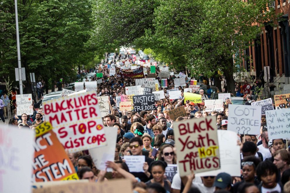 PHOTO: Students from Baltimore colleges and high schools march in protest chanting 'Justice for Freddie Gray' on April 29, 2015 in Baltimore.