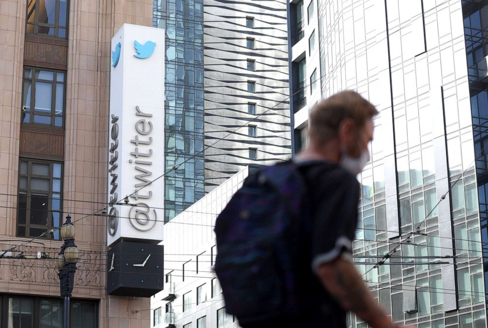 PHOTO: A sign marks the location of Twitter headquarters in San Francisco, on April 27, 2022.