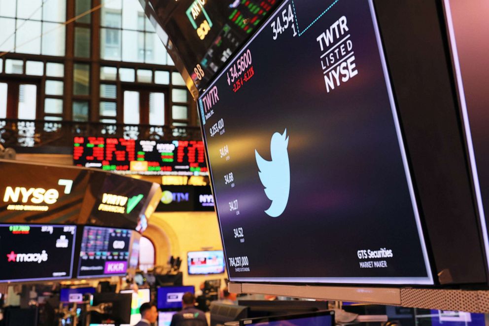 PHOTO: A Twitter logo is displayed on a screen at the New York Stock Exchange during morning trading on July 11, 2022 in New York City.