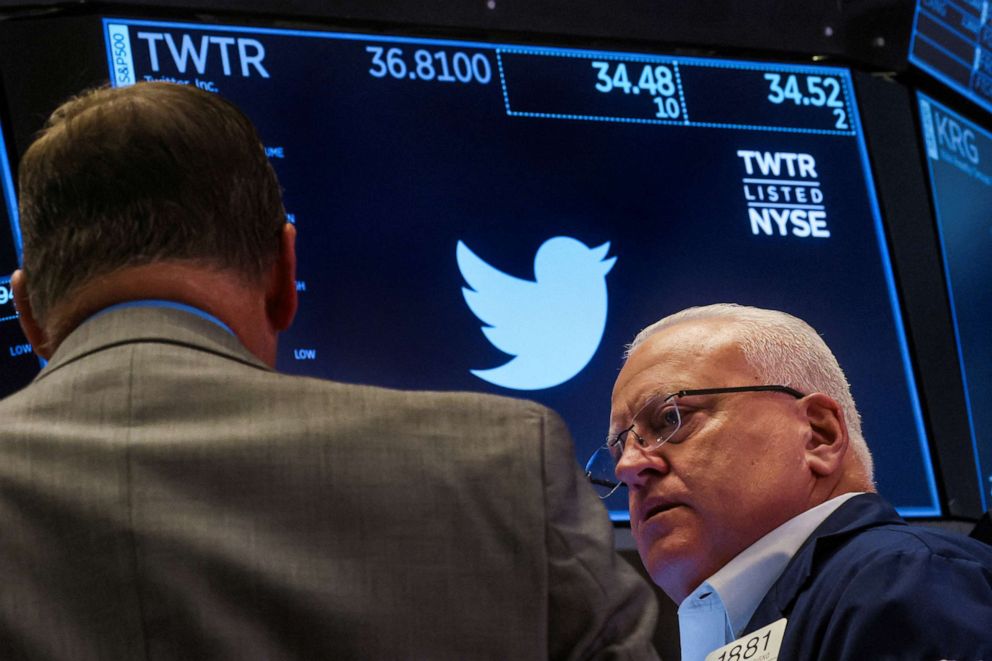 PHOTO: Traders work on the floor of the New York Stock Exchange at the post where Twitter is traded in New York City, July 11, 2022. 