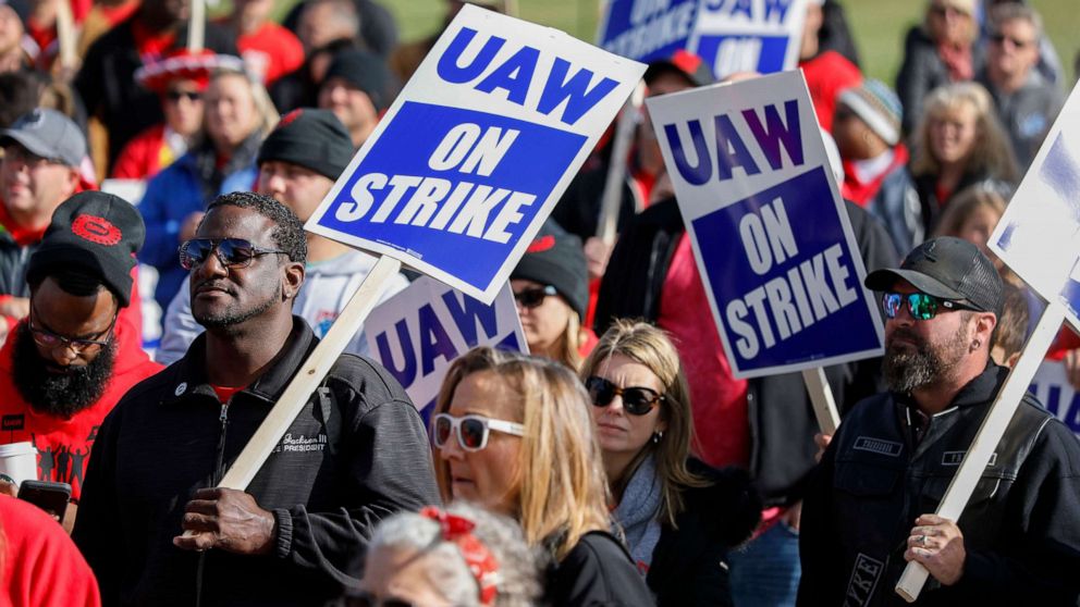 PHOTO: United Auto Workers union members and their families rally near the General Motors Flint Assembly plant on Solidarity Sunday on Oct. 13, 2019, in Flint, Michigan.