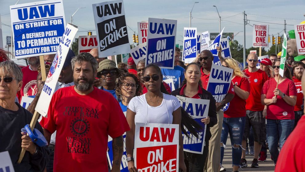 PHOTO: Striking General Motors workers and supporters picket the Detroit-Hamtramck Assembly Plant, Sept. 25, 2019, in Detroit.