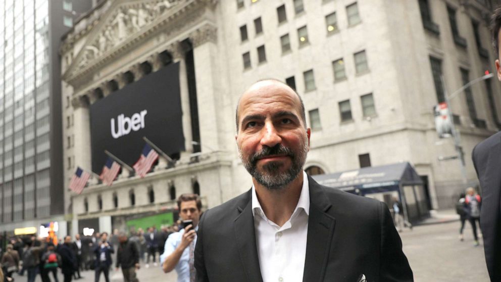 PHOTO: Uber CEO Dara Khosrowshahi walks outside of the New York Stock Exchange (NYSE) before ringing the Opening Bell at the NYSE as the ride-hailing company Uber makes its highly anticipated initial public offering (IPO) on May 10, 2019, in New York.