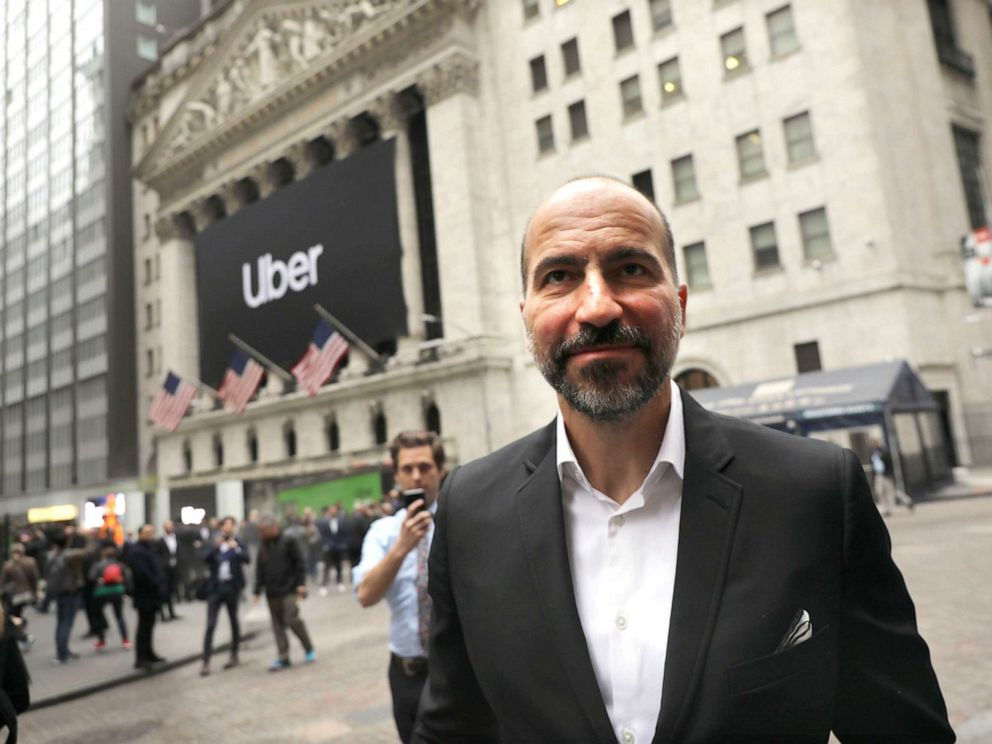 PHOTO: Uber CEO Dara Khosrowshahi walks outside of the New York Stock Exchange (NYSE) before ringing the Opening Bell at the NYSE as the ride-hailing company Uber makes its highly anticipated initial public offering (IPO) on May 10, 2019, in New York.