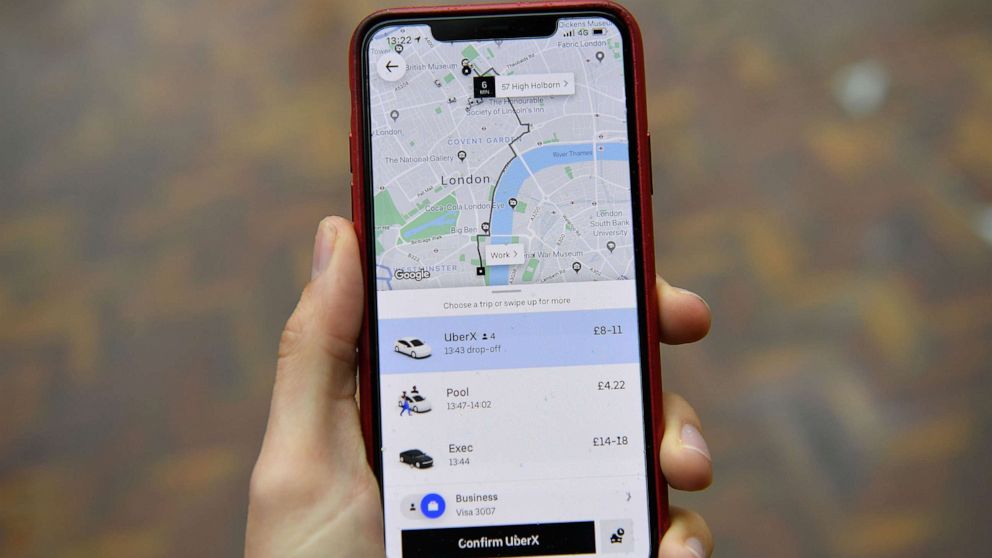 PHOTO: An illustration of the Uber ride-hailing app page showing a trip to be taken in London, Nov. 25, 2019. 