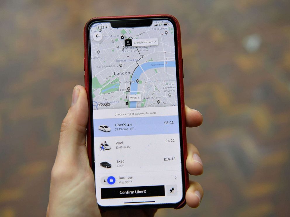 PHOTO: An illustration of the Uber ride-hailing app page showing a trip to be taken in London, Nov. 25, 2019. 