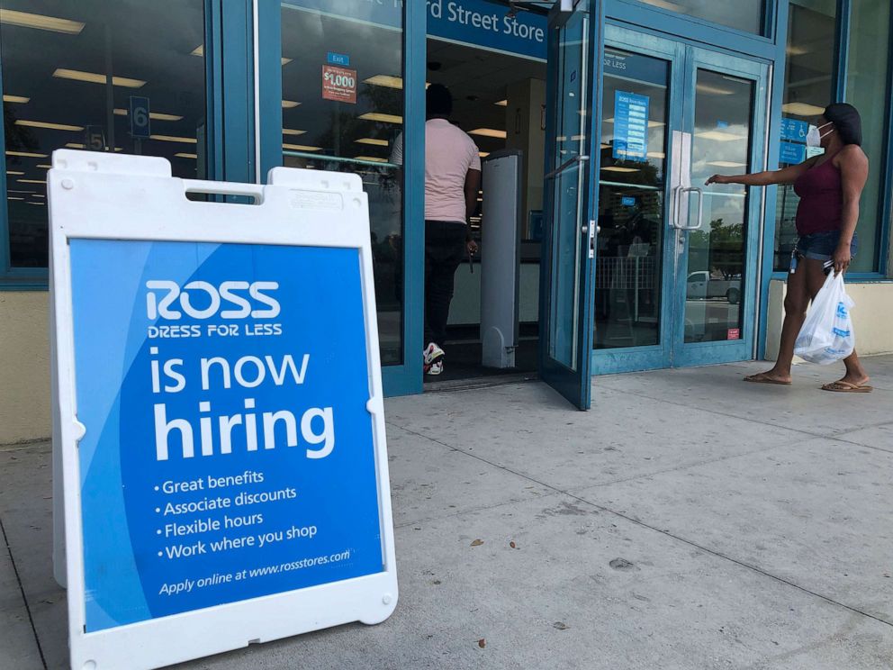 PHOTO: A "Now Hiring" sign sits outside a Ross Dress for Less store, in North Miami Beach, Fla., July 8, 2020.
