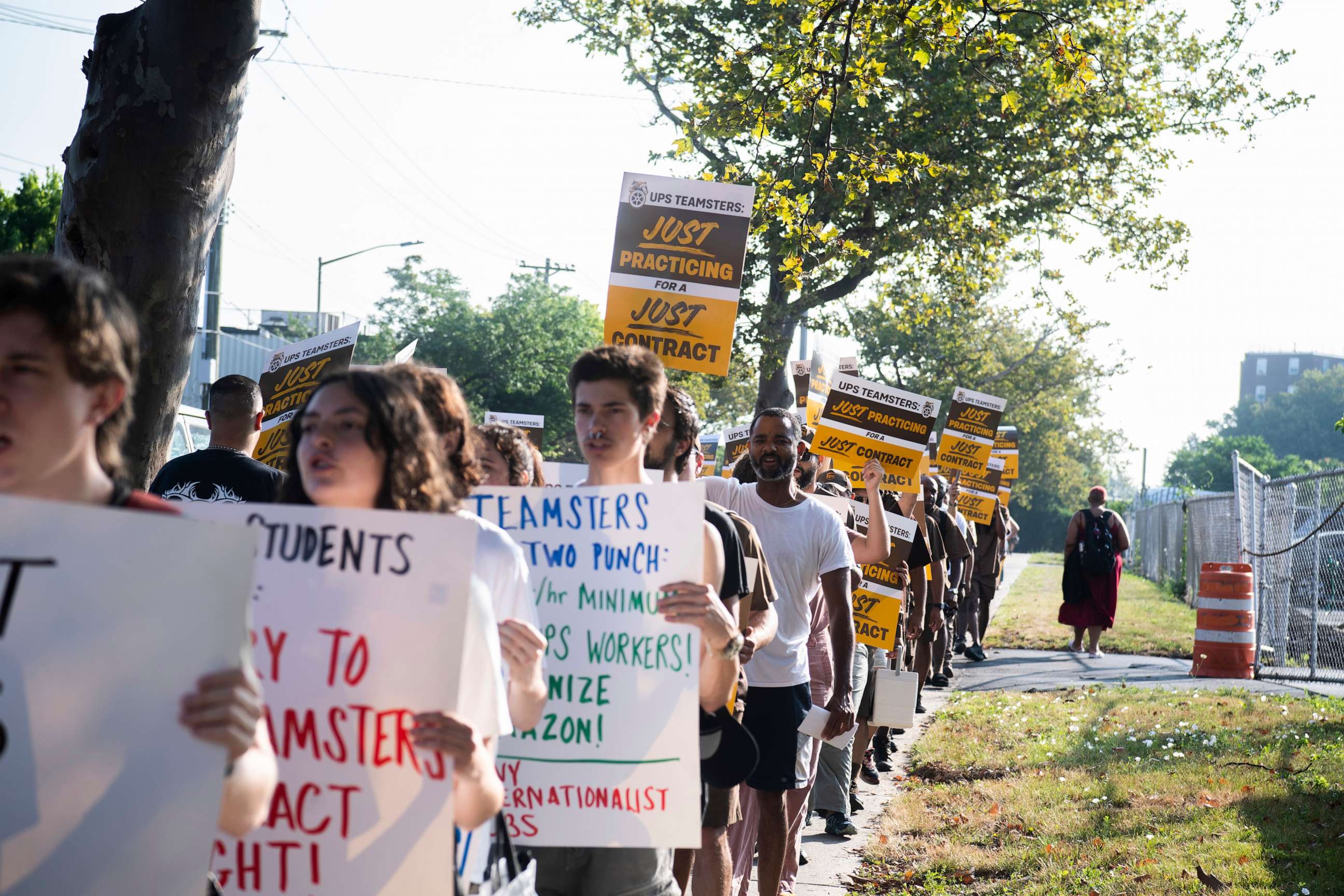 PHOTO: UPS workers "practice picket" at Teamsters Local 804, outside of a UPS facility on July 6, 2023 in the Brooklyn. N.Y.