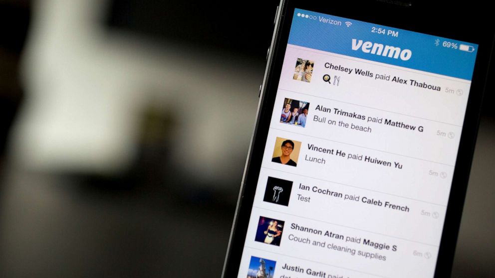 PHOTO: Financial transactions are listed on a Venmo app running on an iPhone in Washington, D.C., Aug. 22, 2014.