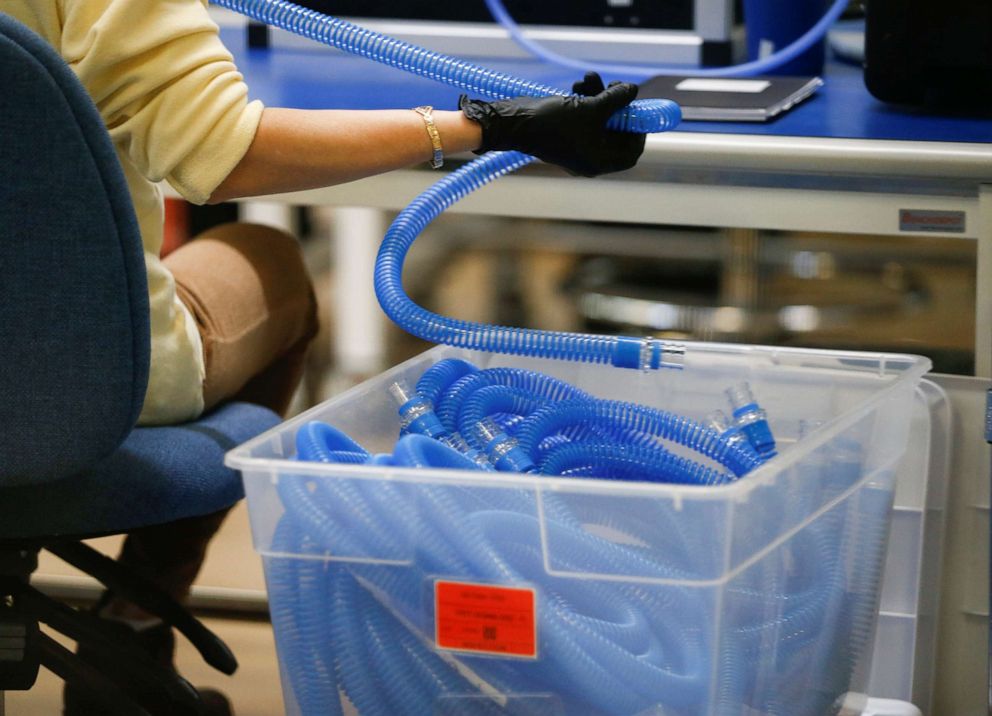 PHOTO: An employee works on assembly of VOCSN Multi-Function Ventilators at Ventec Life Systems, a ventilator manufacturer that has seen a large increase in demand since the global coronavirus disease outbreak began, in Bothell, Wash., March 18, 2020.