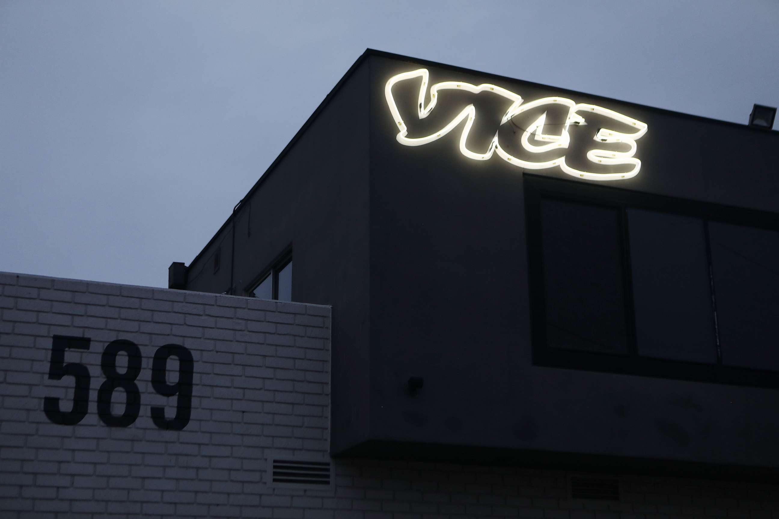 PHOTO: Vice Media offices display the Vice logo at dusk, Feb. 1, 2019, in Venice, Calif.